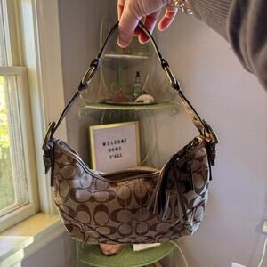 🤎 Vintage COACH F05Q-8K36 Monogram Mini Hobo Bag | Snakeskin Trim & Tassel Y2K